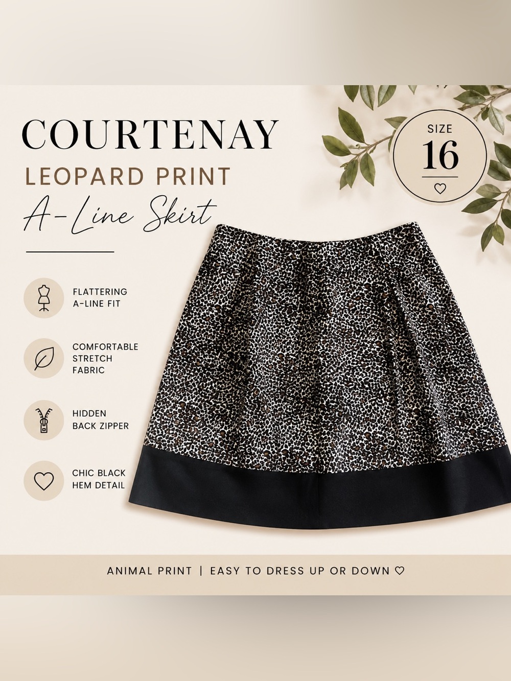 Courtenay Leopard Print A-Line Skirt Size 16 Animal Print Black Hem